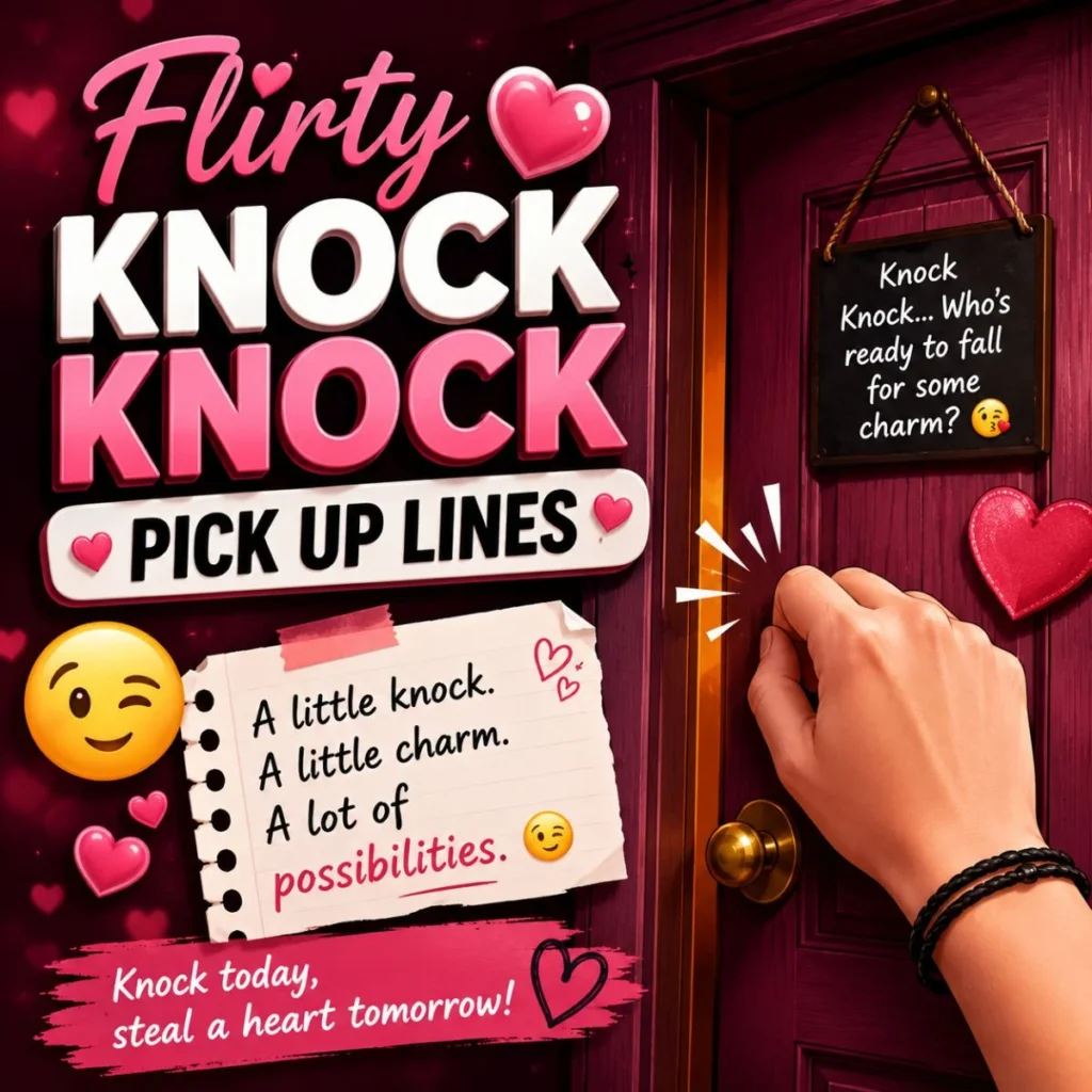 Flirty knock knock pick up lines with pink door, hearts, and playful romantic knocking scene