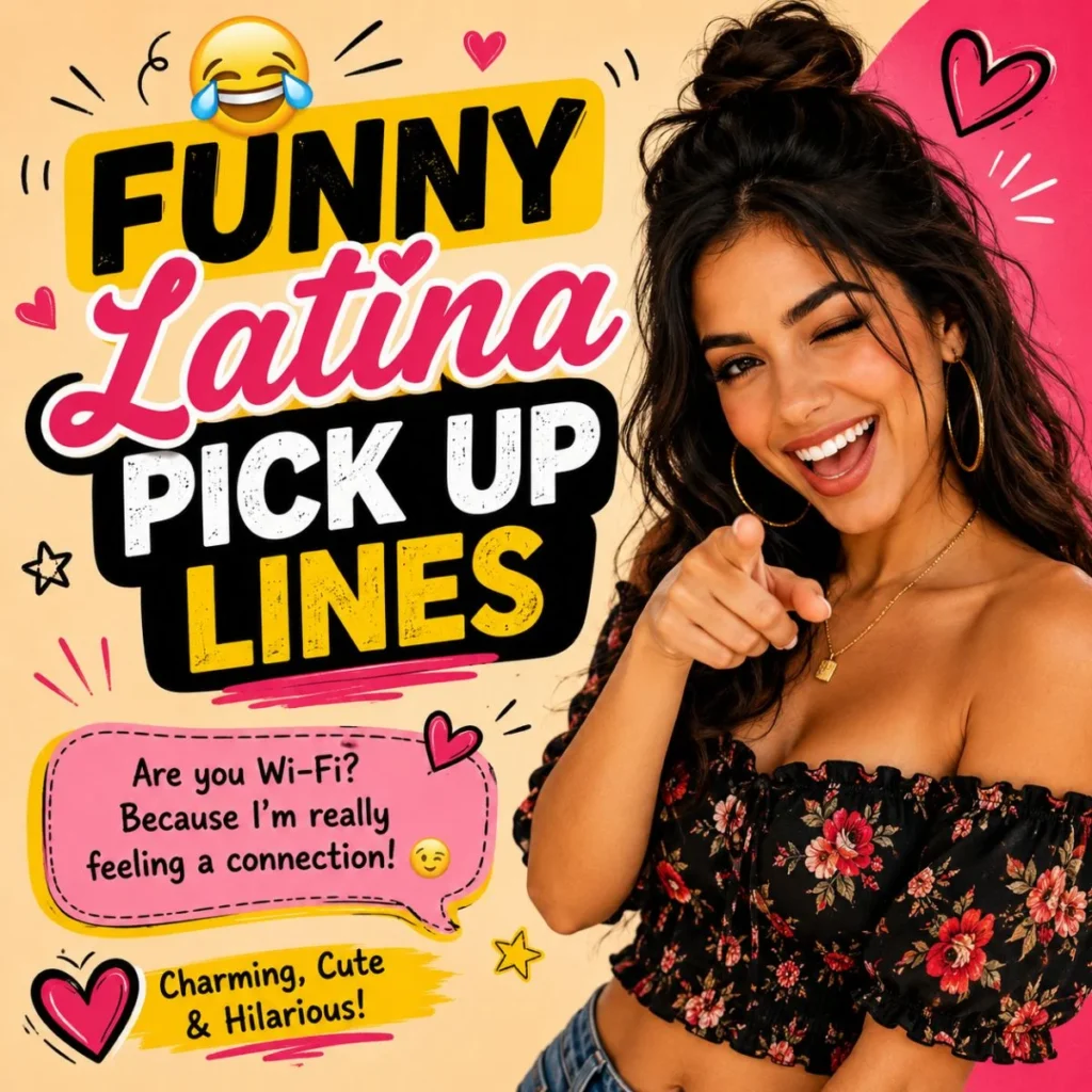 Funny Latina pick up lines graphic with smiling woman, hearts, and playful social media style design