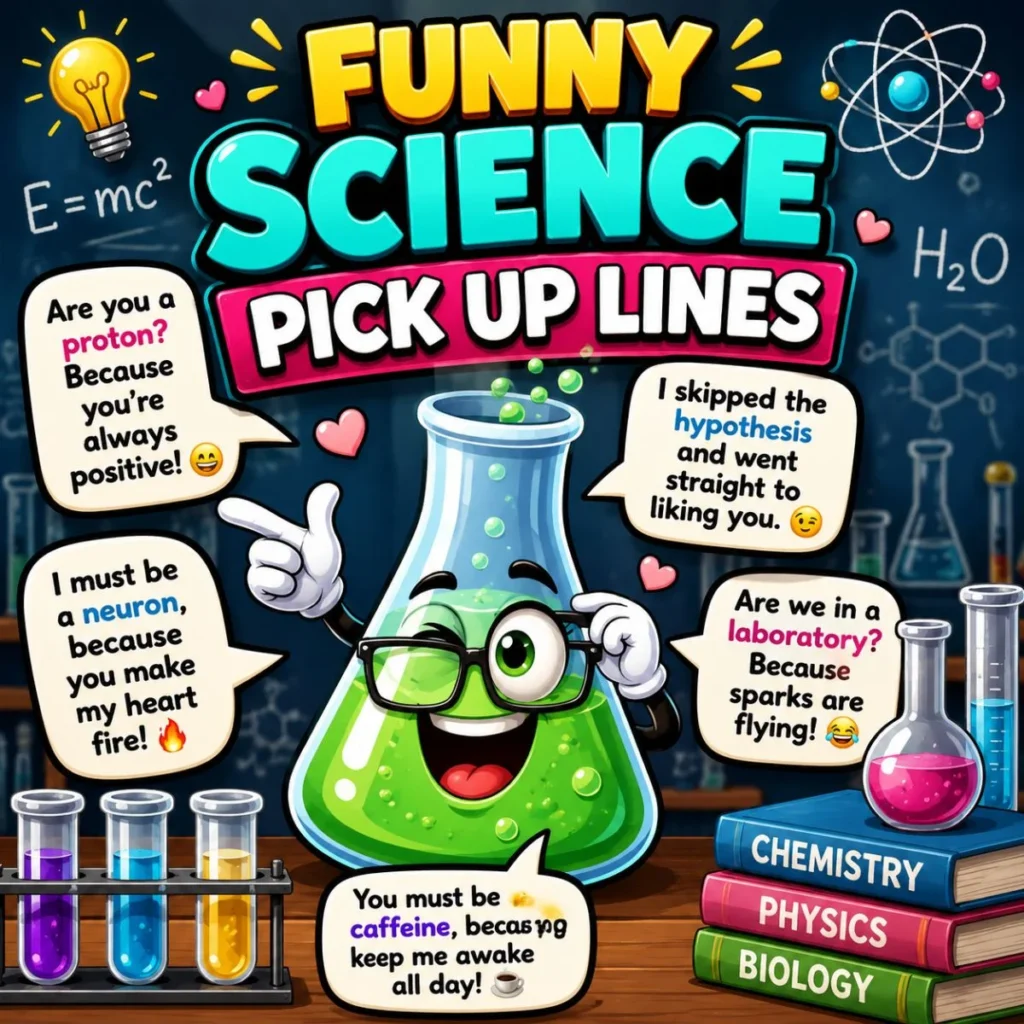Funny science pick up lines poster with cartoon flask, lab bubbles, hearts, and chemistry theme