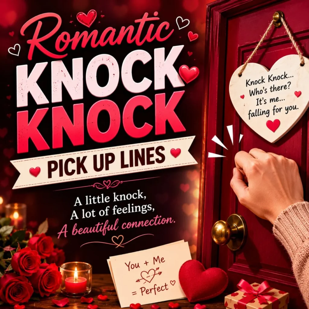 Romantic knock knock pick up lines with red door, roses, hearts, candle, and love notes