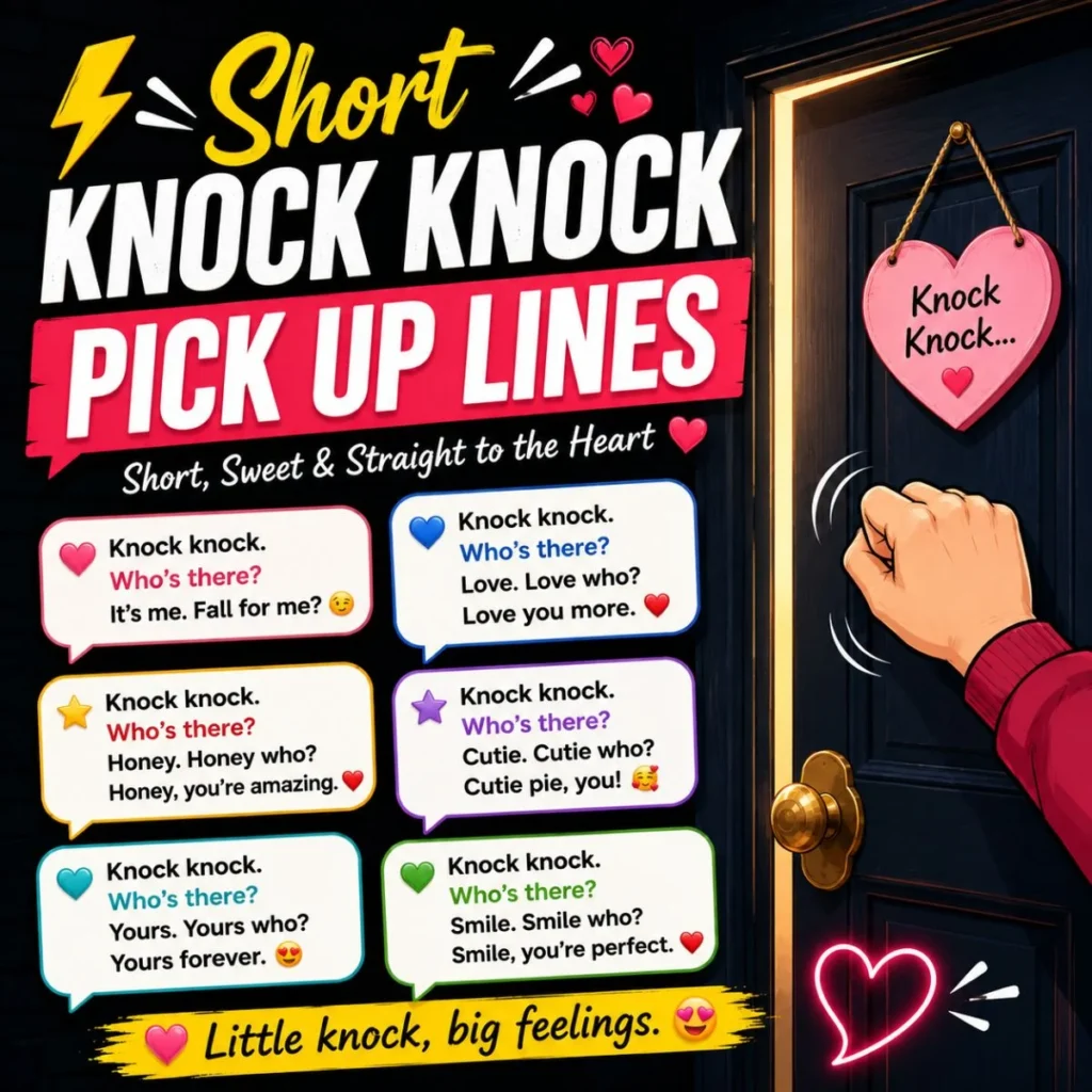 Short knock knock pick up lines with heart-themed door and playful romantic conversation bubbles