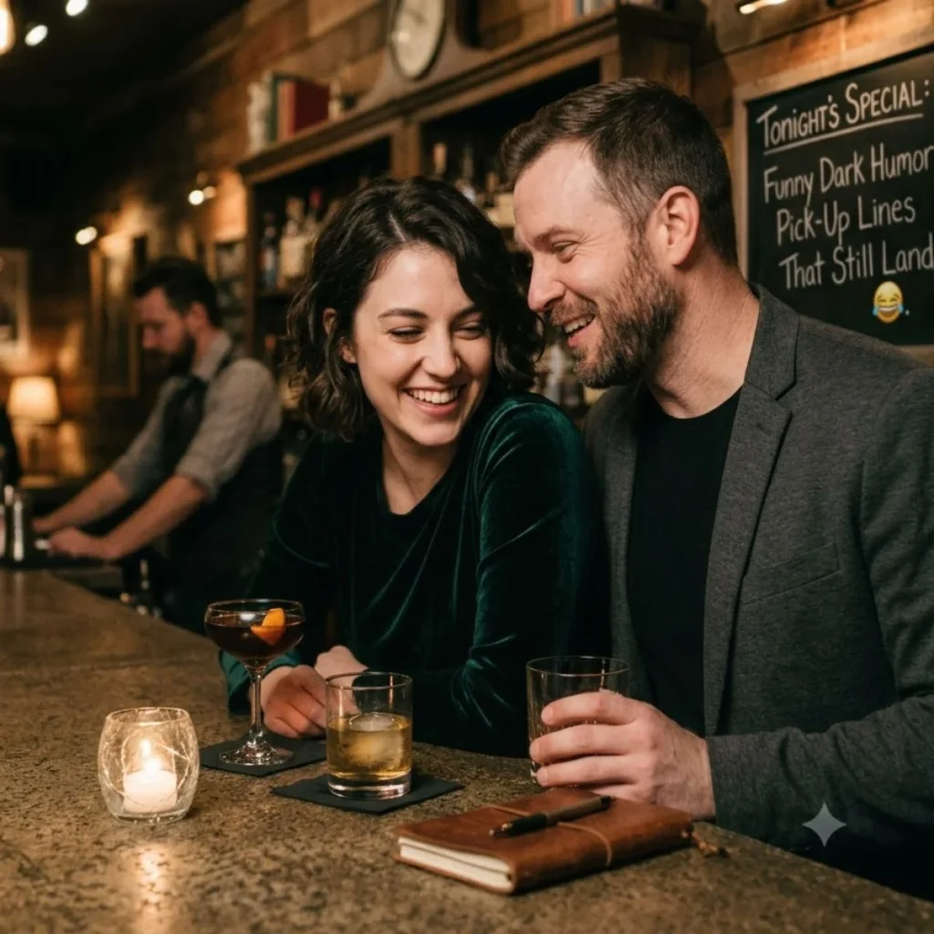 A man and woman laughing at a bar next to a chalkboard sign about funny dark humor pick up lines.