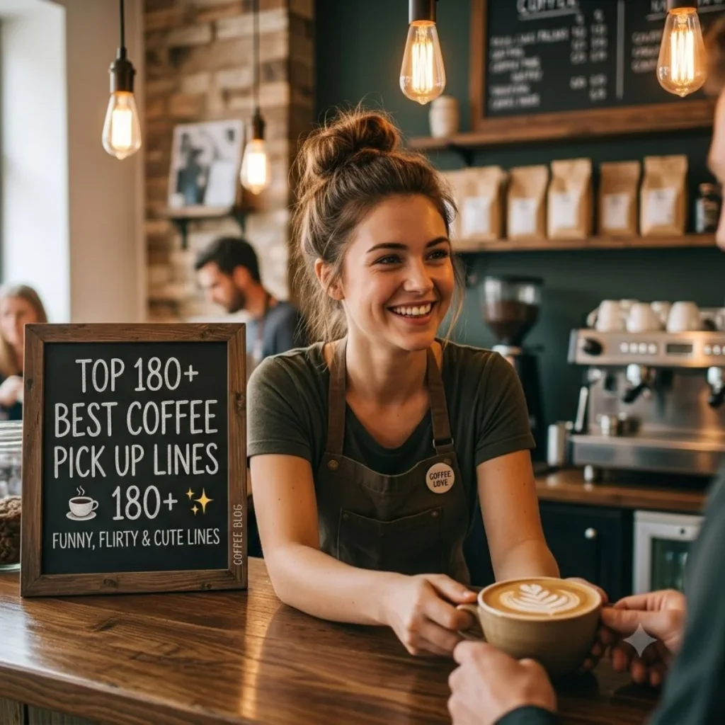 Smiling barista serving latte next to a chalkboard sign with coffee pick up lines.