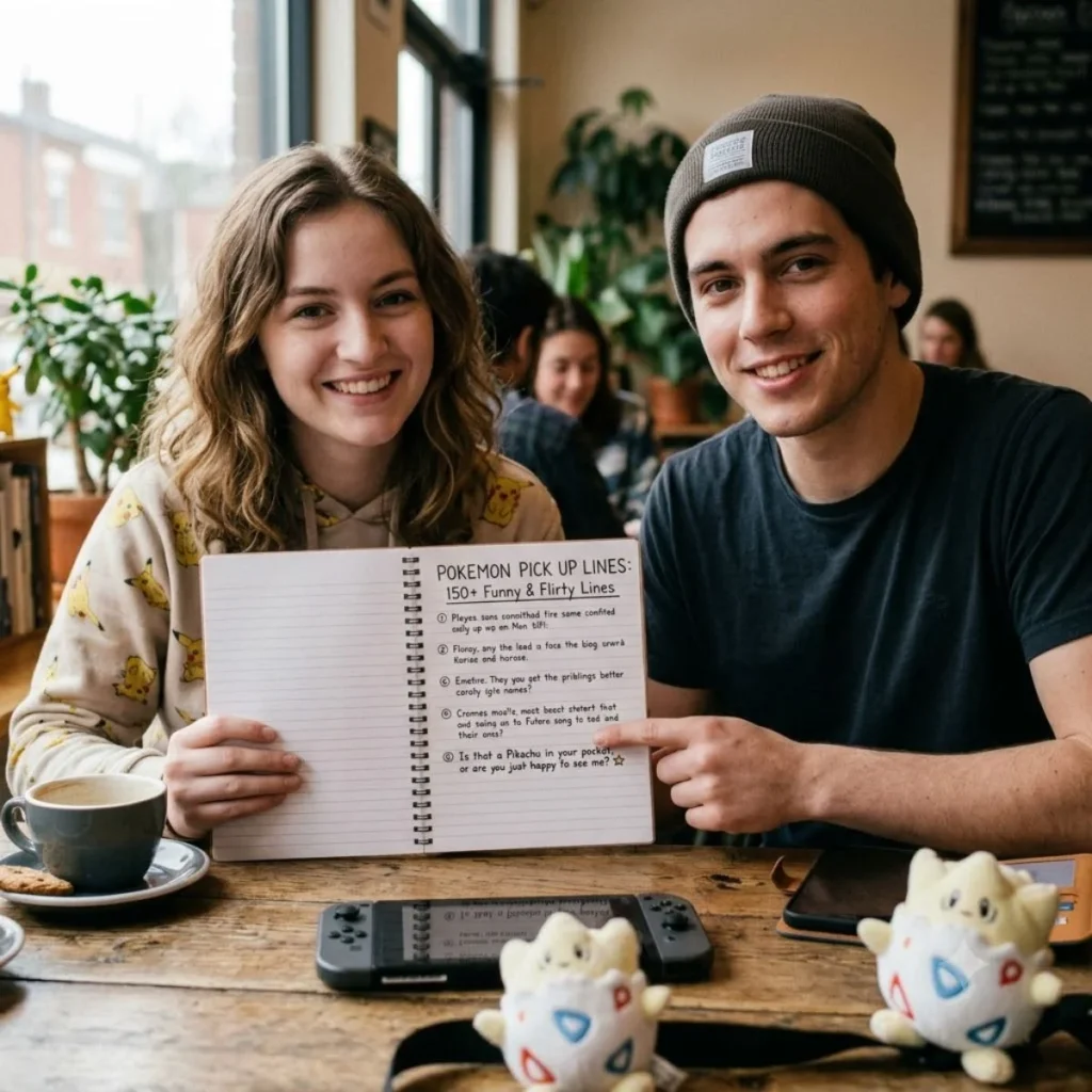 A smiling couple in a cafe holds an open notebook titled Pokemon Pick Up Lines and points to a text list.