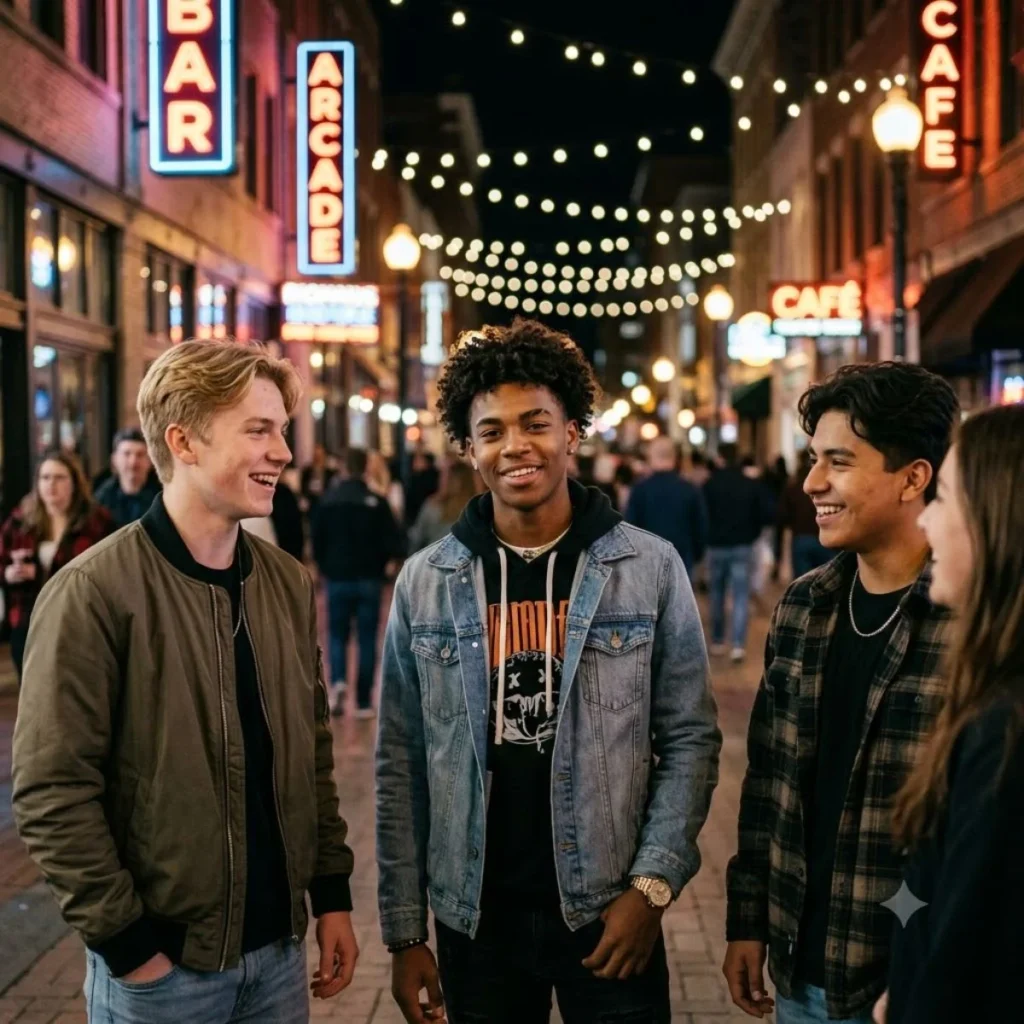 Smiling teenage boys hanging out on a brightly lit city street at night