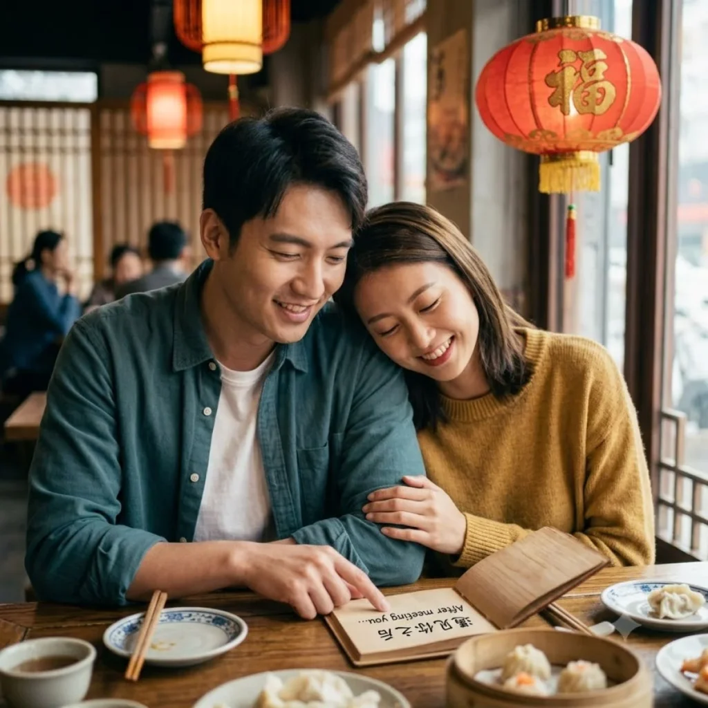 A smiling couple looking at a wooden booklet together inside a Chinese restaurant with red lanterns.