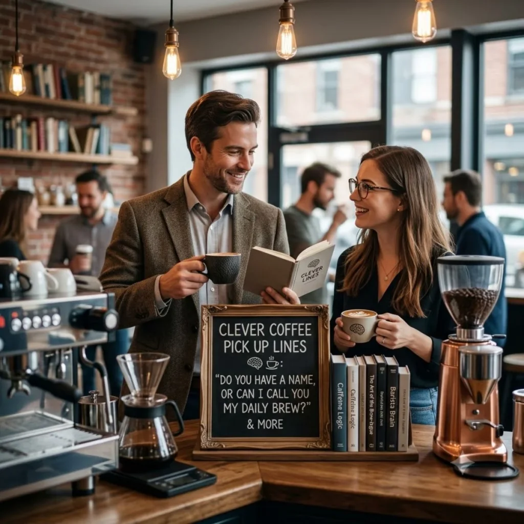 Man and woman smiling over coffee next to a sign with clever coffee pick up lines.