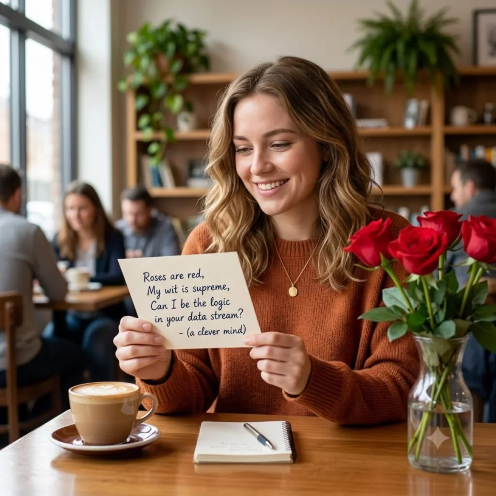 A smiling woman reads a clever roses are red pickup line card inside a coffee shop with red roses.