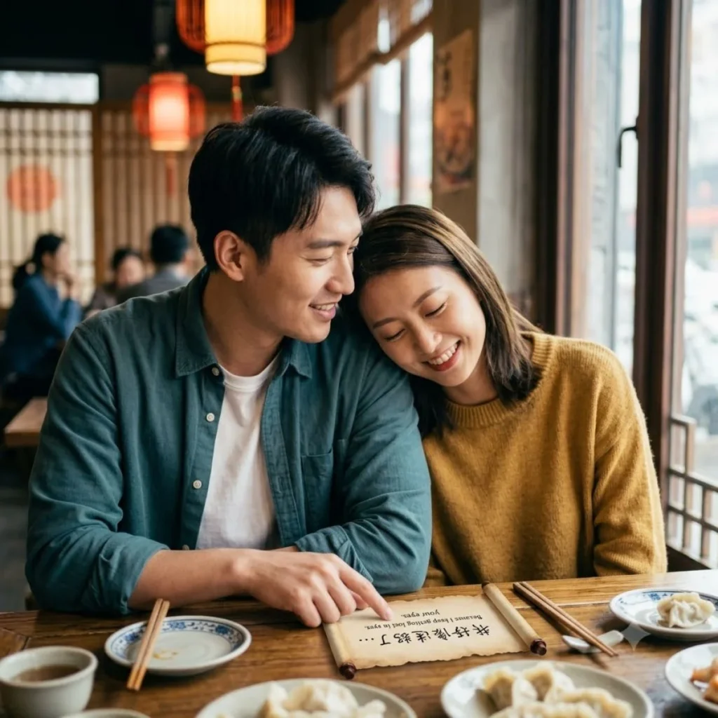 A young woman rests her head on a man's shoulder while looking at a scroll in a Chinese restaurant.