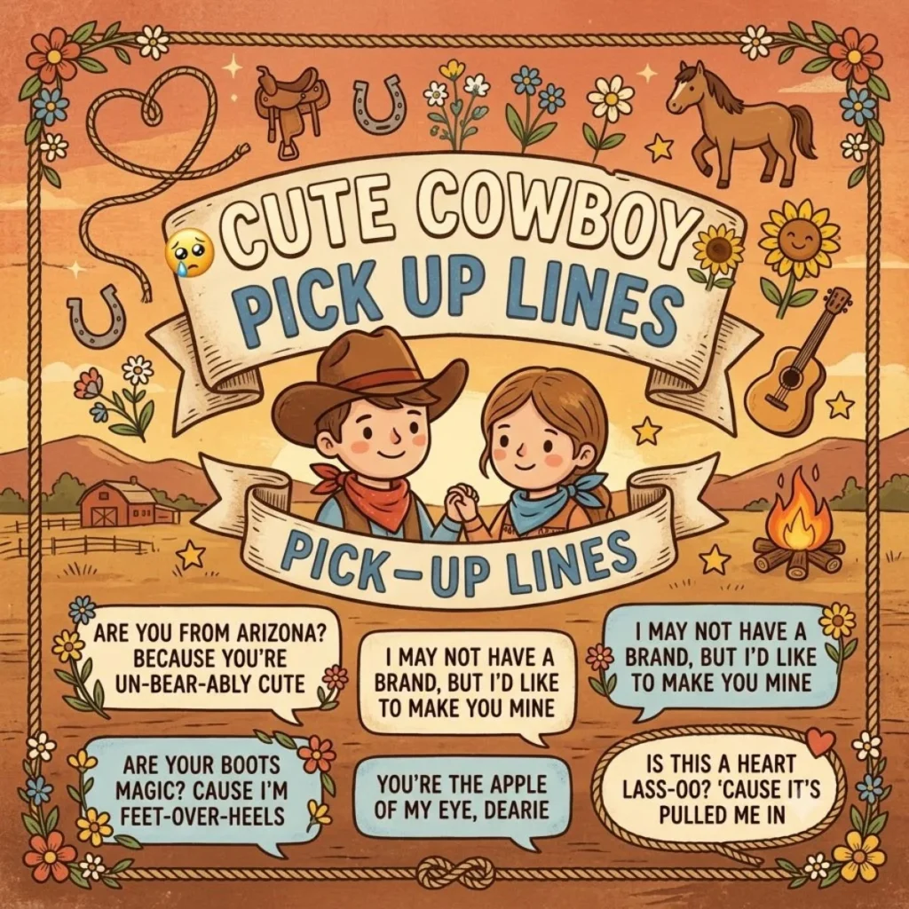 Cute cartoon cowboy and cowgirl holding hands with sweet western pick-up lines.