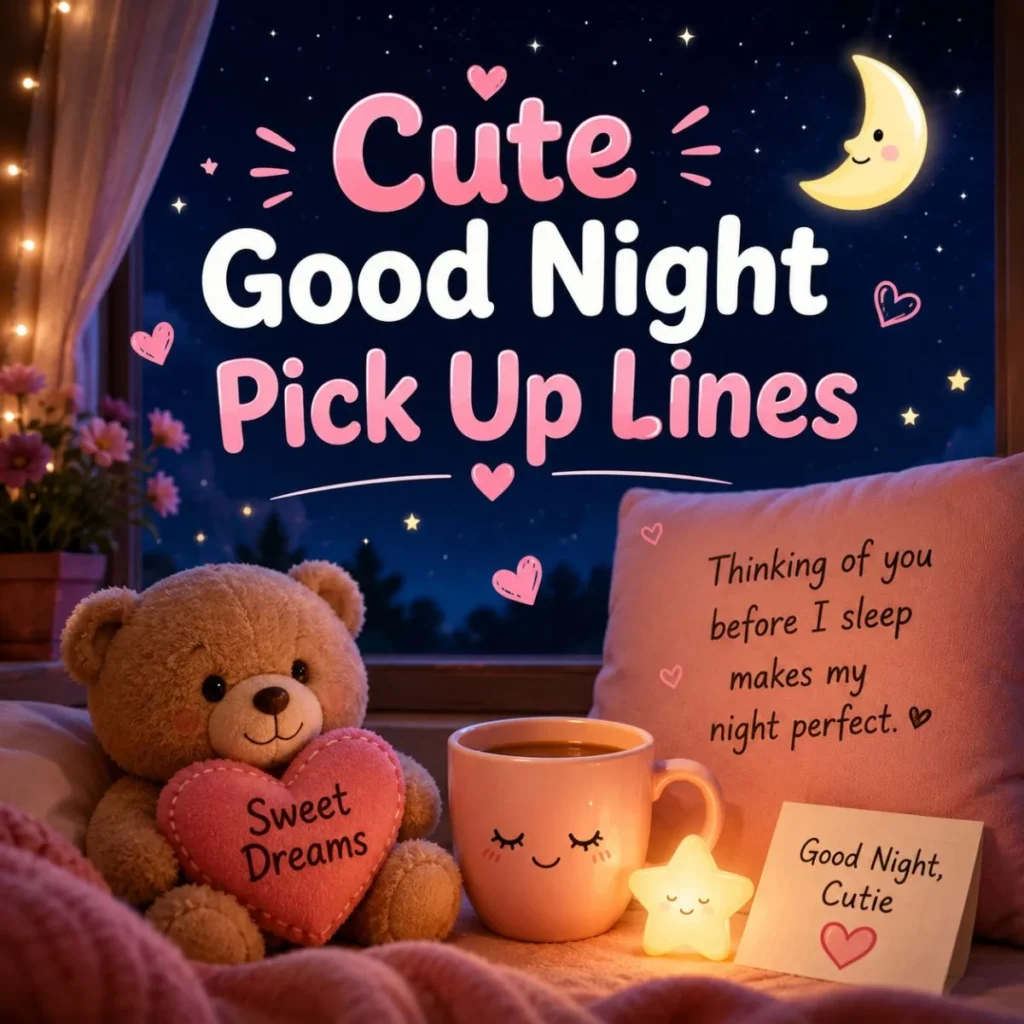 Cute good night pick up lines with teddy bear, moon, stars, cozy bedroom, and sweet bedtime romantic vibes