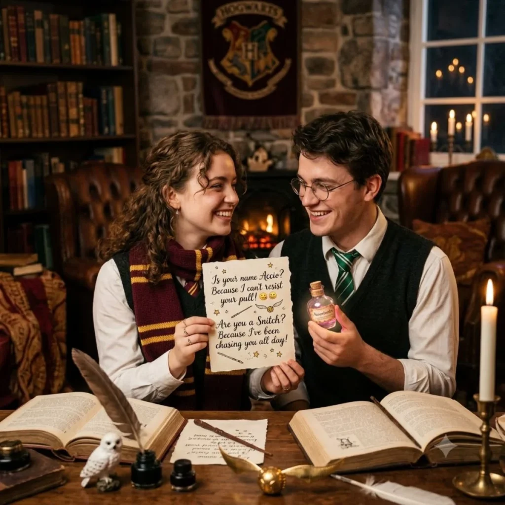 A smiling girl holding a parchment with Harry Potter pick up lines next to a boy holding a glowing potion bottle.