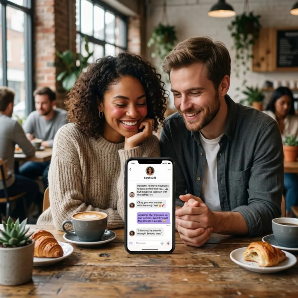 Smiling couple in a cafe looking at a phone with Hinge messages and coffee.