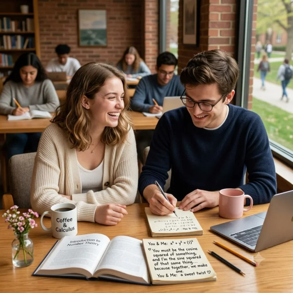 A cheerful university couple sharing a laugh while solving calculus problems together at a sunlit library table.