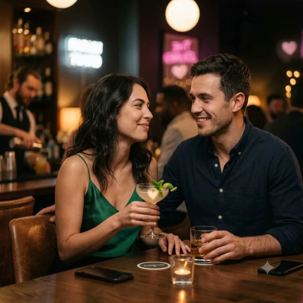 A man and woman sharing a warm, affectionate look over drinks at a dimly lit cocktail lounge.