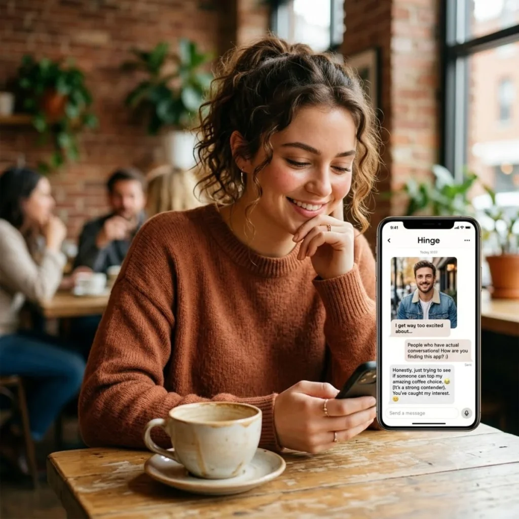 Smiling woman in a cafe looking at a phone showing flirty best hinge pick up lines text messages.