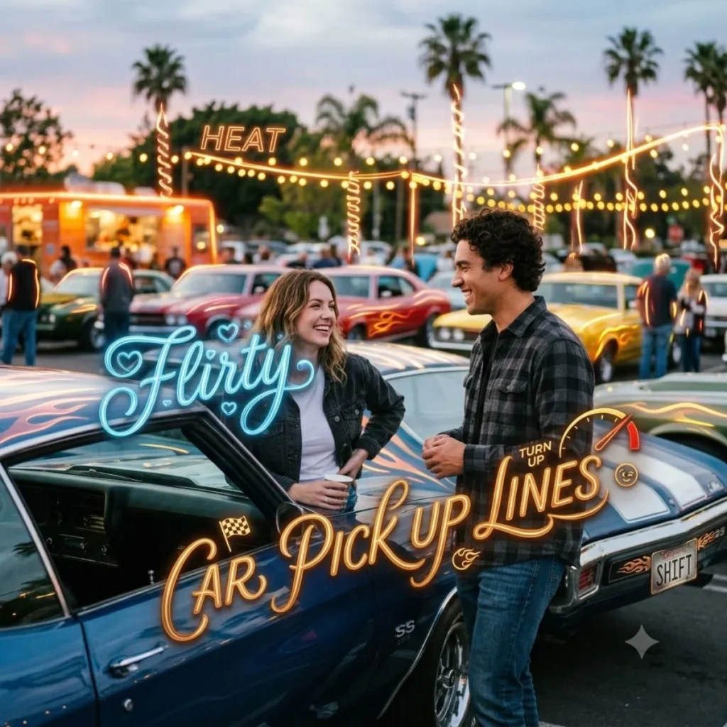 : Flirty car pick up lines neon text over a couple laughing next to a classic blue muscle car at dusk.