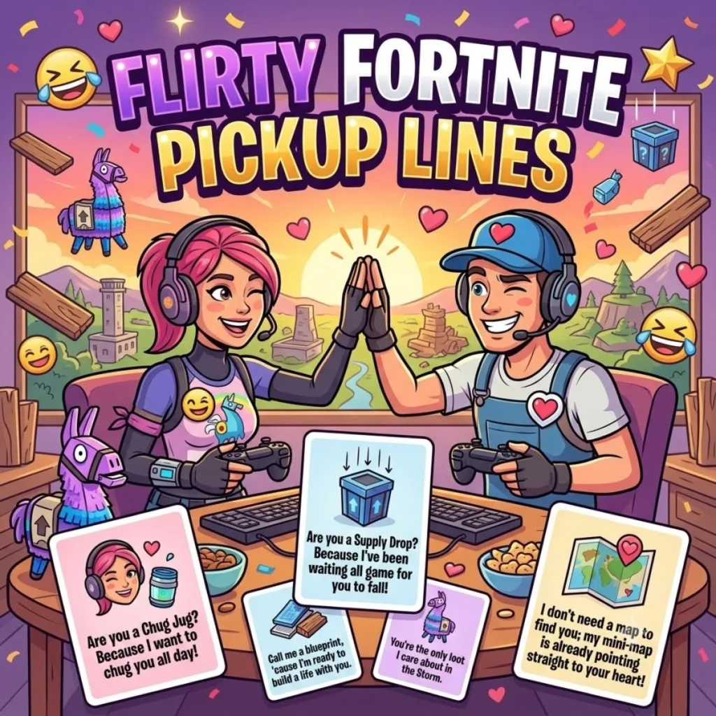 An illustration of a gamer couple high-fiving over flirty Fortnite pickup line cards and gaming controllers.