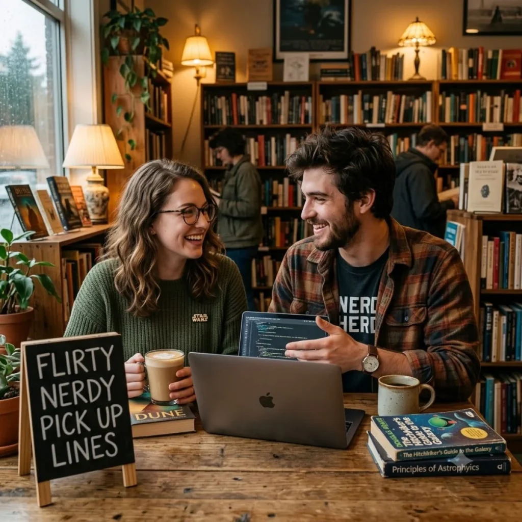 A smiling man pointing at a laptop screen next to a laughing woman in a bookstore filled with science fiction books.