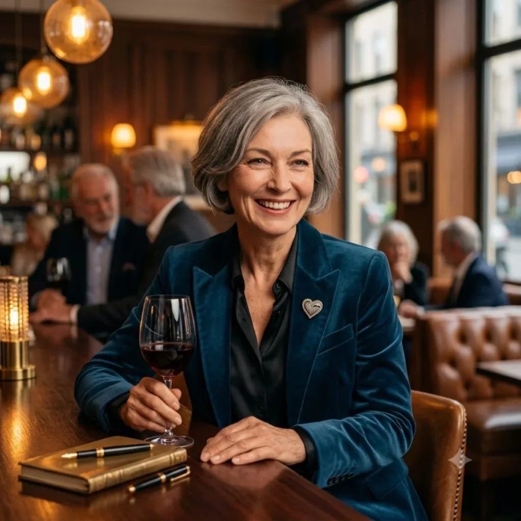 An elegant older woman with grey hair smiling while holding a glass of red wine at a warm upscale bar counter.