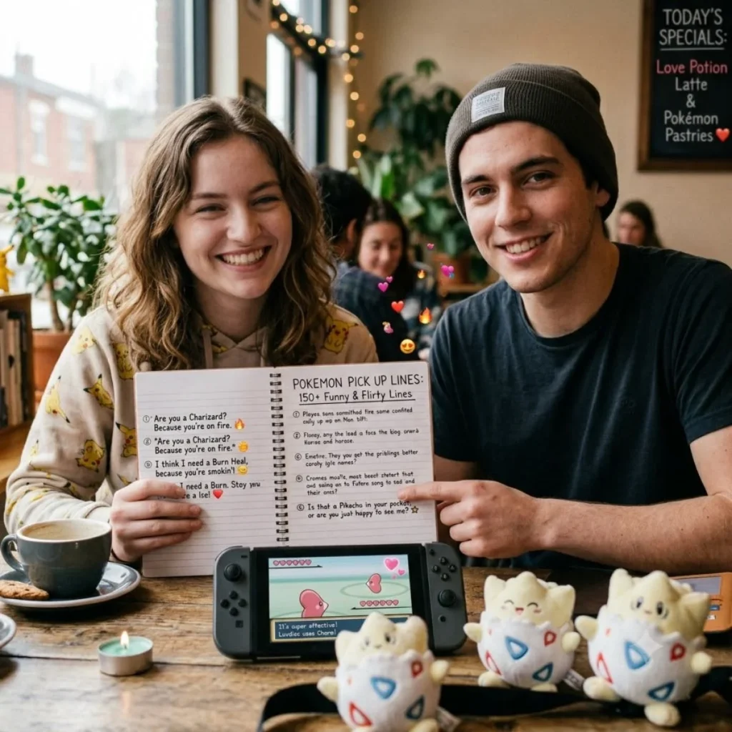 A happy couple in a cafe holds an open notebook displaying flirty Pokemon pick up lines next to a Nintendo Switch.