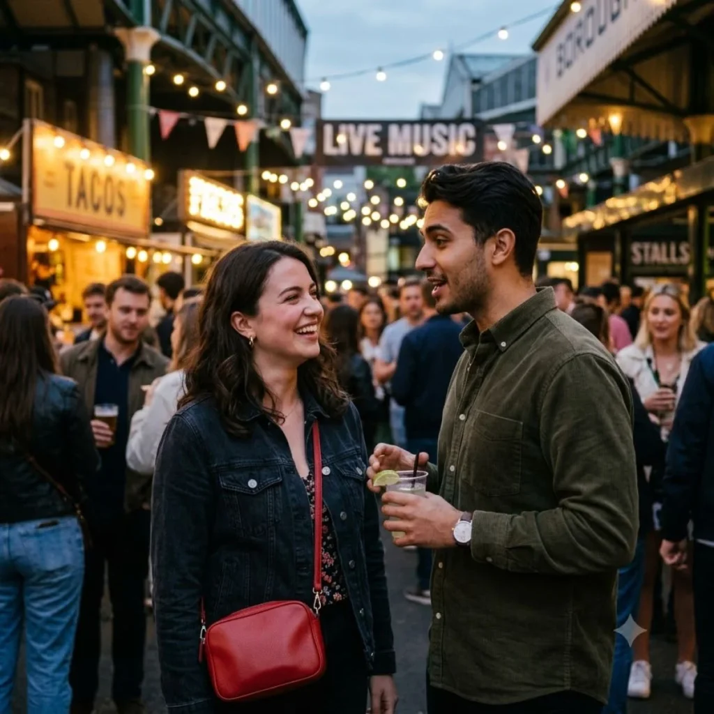 A man talking to a laughing woman with a red crossbody bag at a lively outdoor night market.