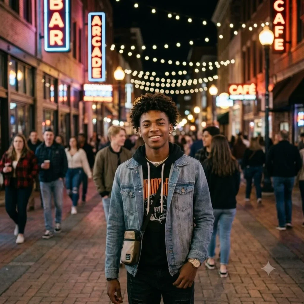 Confident smiling young man wearing a denim jacket on a neon lit city street at night