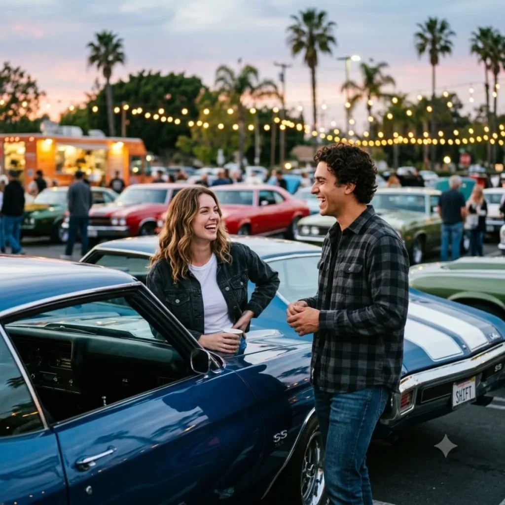 : A man and woman laughing together next to a classic blue muscle car at an evening outdoor festival.