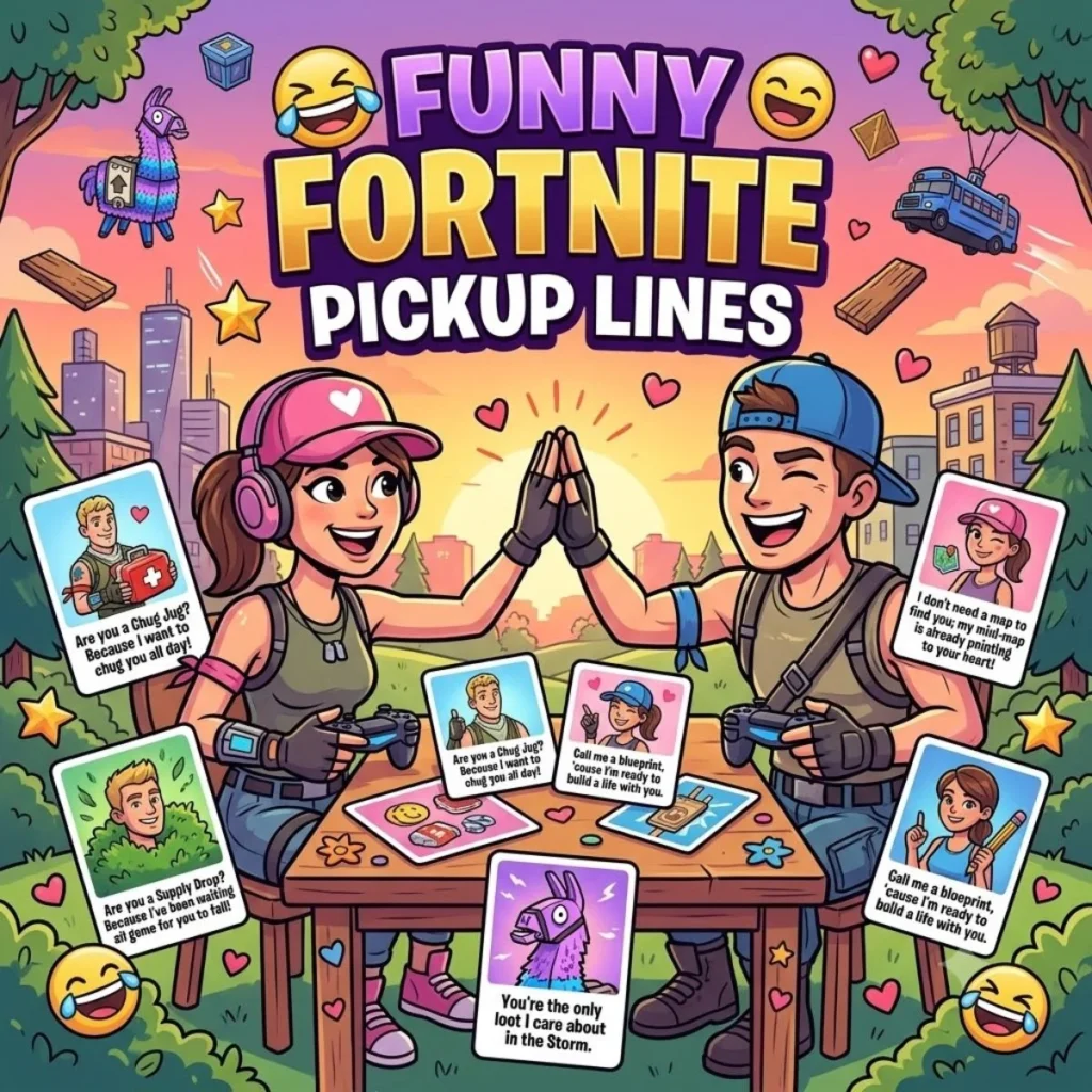 An illustration of a gamer couple high-fiving over cards with funny Fortnite pickup lines and laughing emojis.