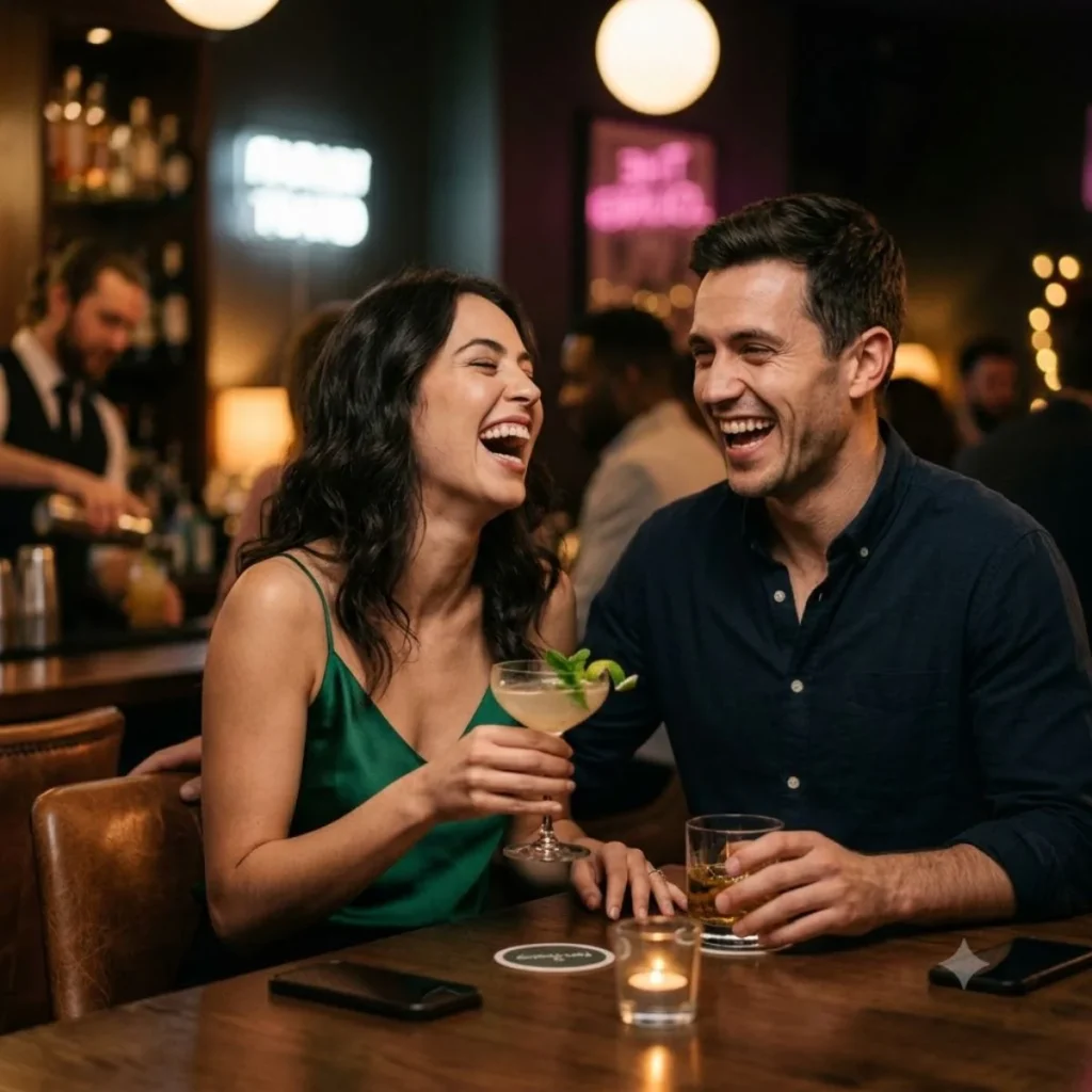 A man and woman laughing out loud while sharing cocktails at a cozy, dimly lit bar counter.
