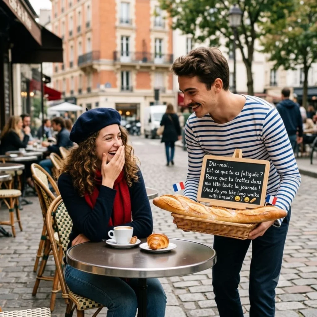 A man presenting a baguette with a funny French pick up line on a small chalkboard to a laughing woman at a Paris cafe.