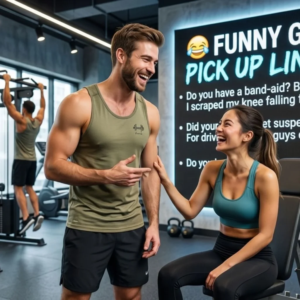 A muscular man and a smiling woman laugh together at the gym, with a digital sign displaying "Funny Gym Pick Up Lines" behind them.