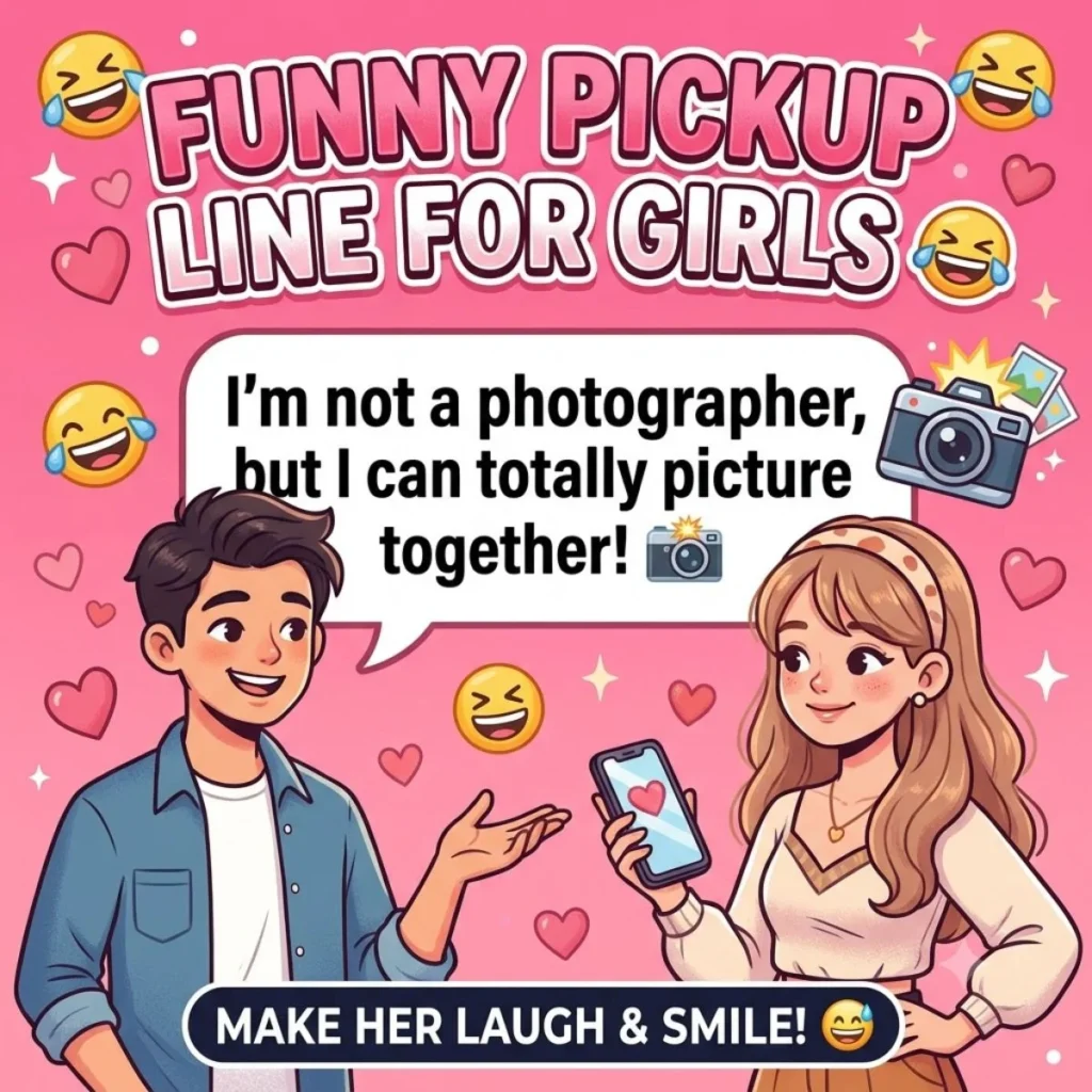 Funny photographer pickup line for girls illustration with cute characters on a pink background