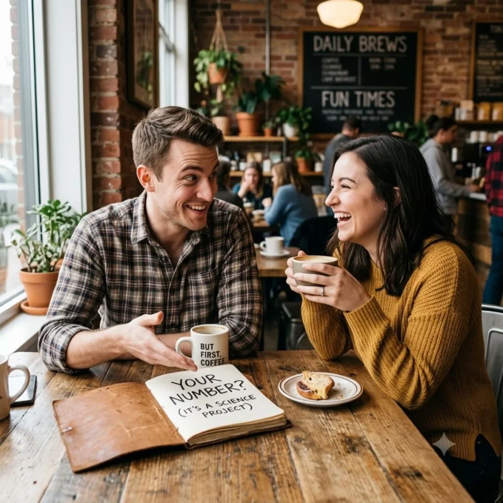 Laughing woman and man with a funny pickup line written in a notebook on a rustic cafe table.