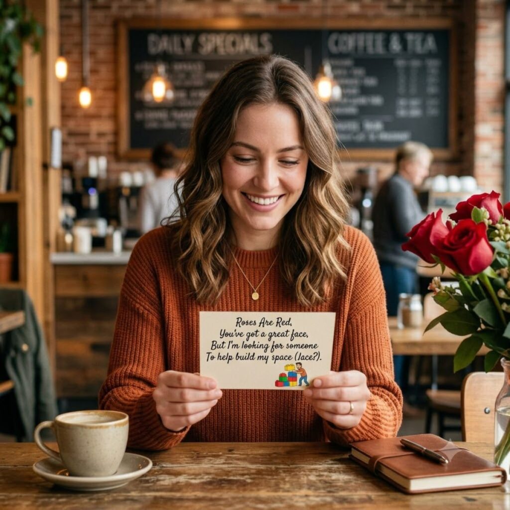 A woman laughing at a funny roses are red pickup line card in a cafe next to red flowers.