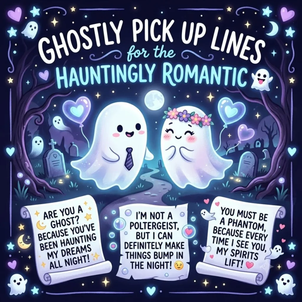 Cute cartoon ghosts floating in a graveyard next to three scrolls with funny halloween pickup lines.