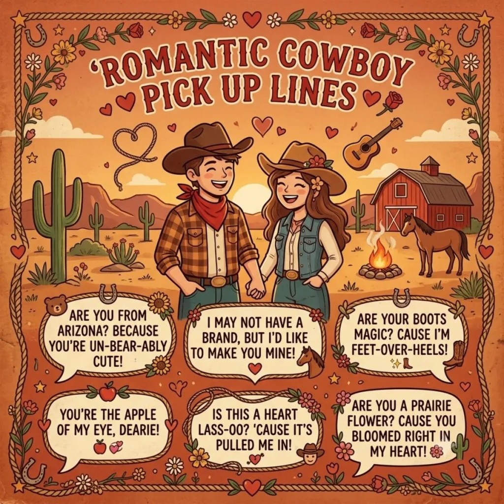 Illustrated banner for 'Romantic Cowboy Pick Up Lines' featuring a couple and western icons.