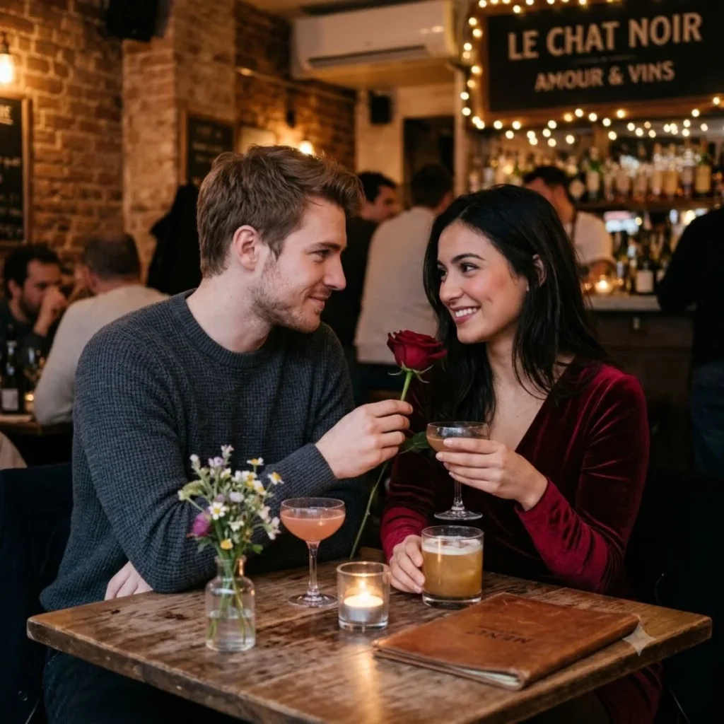 A man offering a red rose to a woman during a romantic date in a bar.