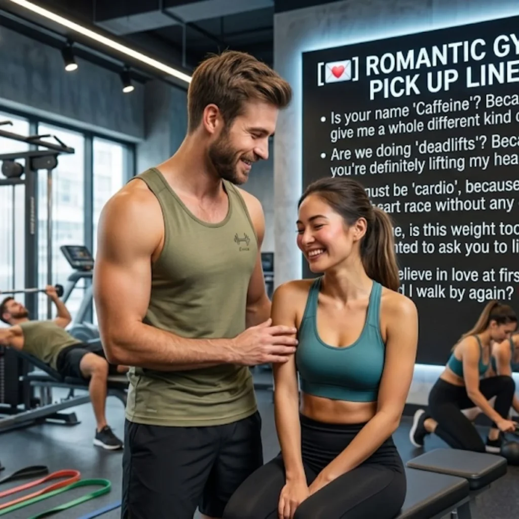 A fit couple smiling and flirting in a modern gym, warm lighting, perfect for romantic and flirty gym content.