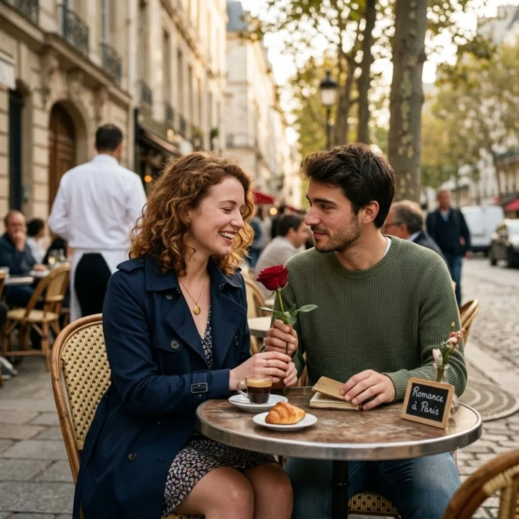 A man offering a red rose to a smiling woman at an outdoor Paris cafe table with a romantic sign.