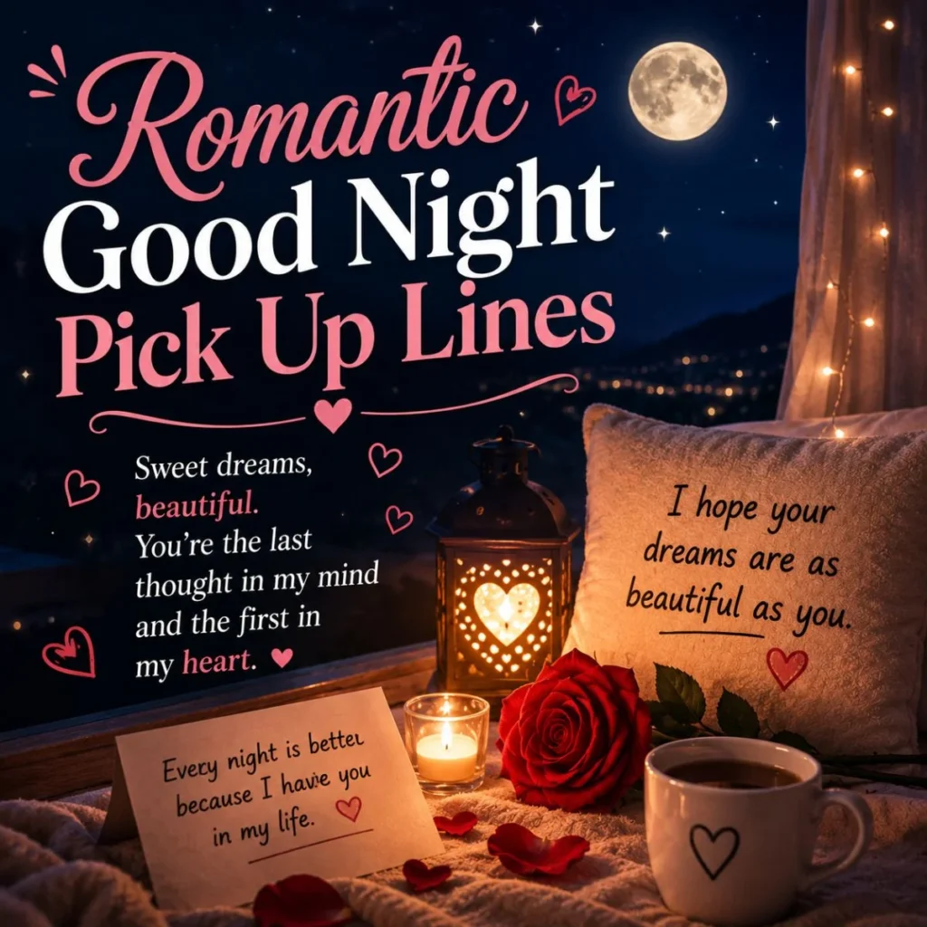 t: Romantic good night pick up lines with moon, red rose, candle, cozy bedroom, and heartfelt bedtime messages