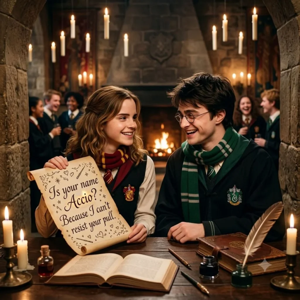 A smiling girl holding a parchment with a romantic Harry Potter pick up line next to a boy in a Slytherin uniform.
