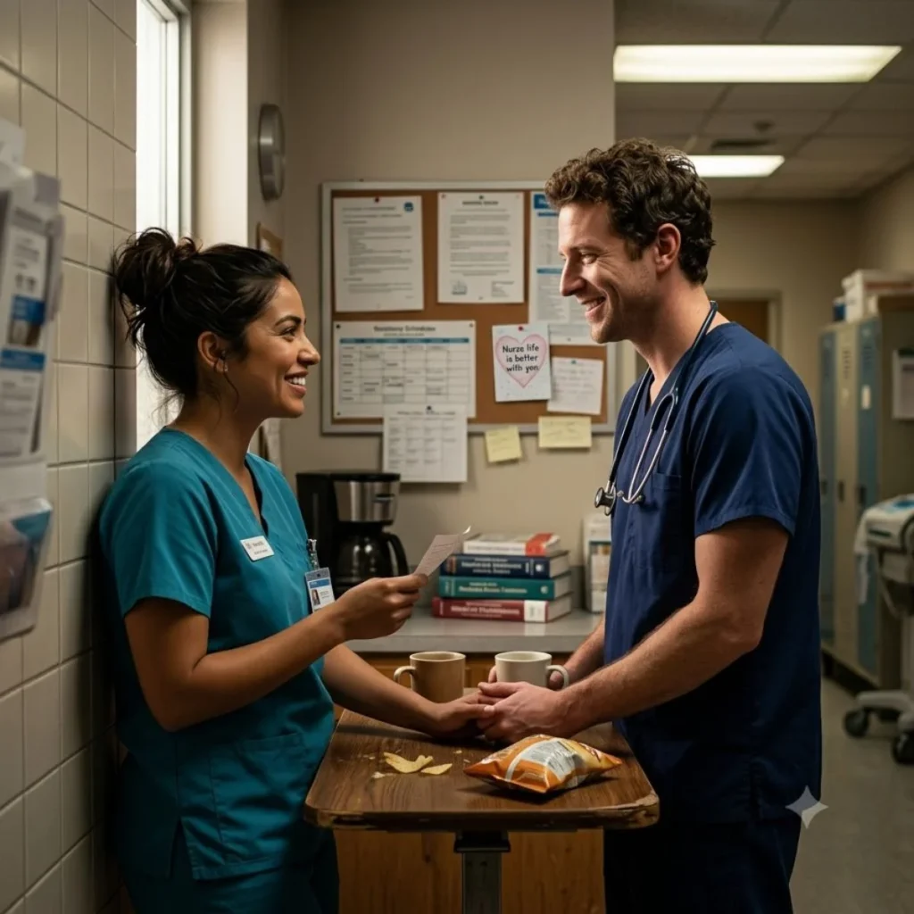 Two medical nurses smiling and holding hands over a small table in a hospital breakroom.