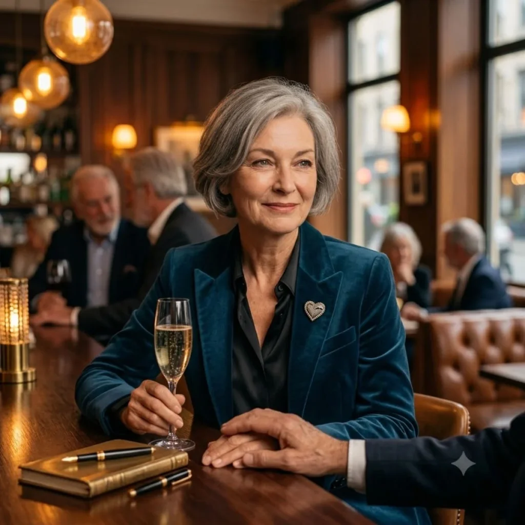 An elegant older woman with grey hair looks thoughtfully ahead while holding a champagne flute and a man's hand.