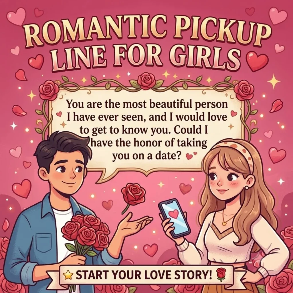 Romantic rose pickup line for girls illustration with a boy offering a bouquet on a pink background
