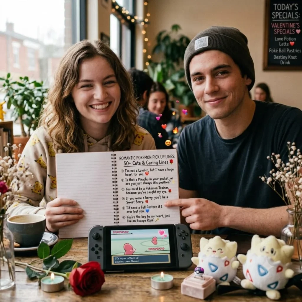 A smiling couple holds a notebook with romantic Pokemon pick up lines at a cafe table with a rose and Nintendo Switch.