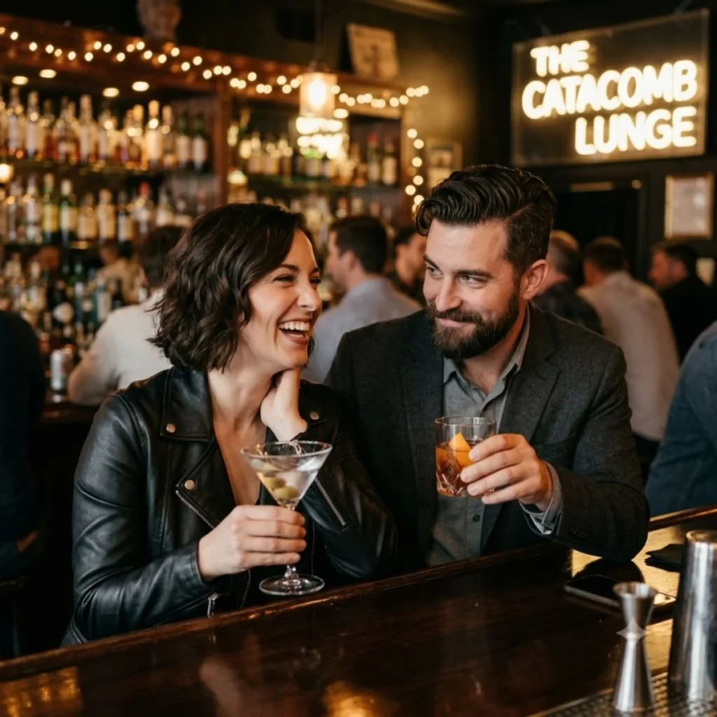A man delivering a clever dark humor pick up line at a speakeasy bar, making a woman laugh while holding a cocktail.