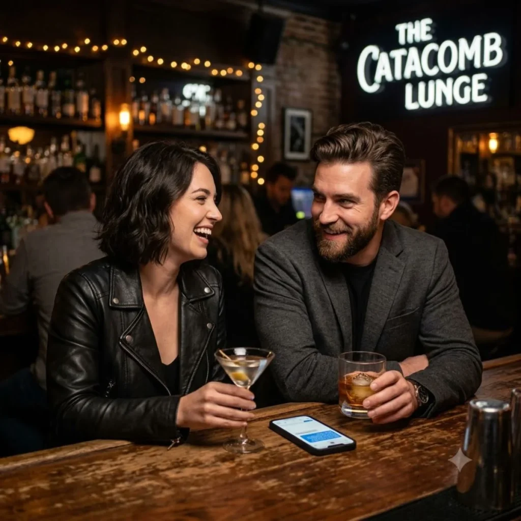 A man telling a savage dark humor pick up line to a laughing woman at a moody bar counter.