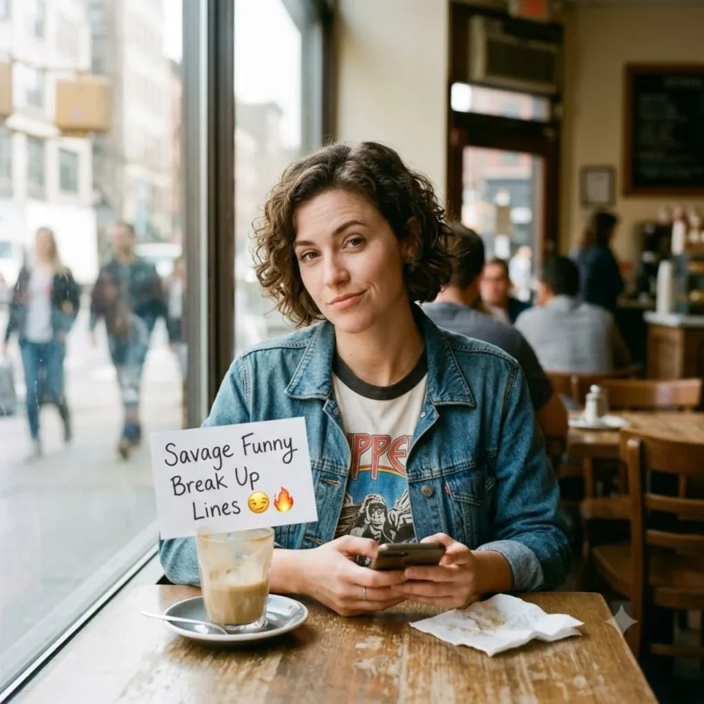 A woman sits in a cafe holding a phone near a sign that reads Savage Funny Break Up Lines.