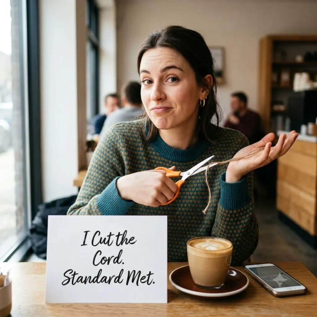 A smiling woman holding scissors cuts a string next to a sign saying I Cut the Cord Standard Met inside a cafe.